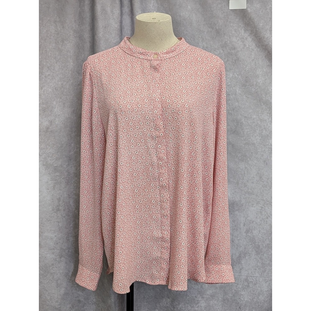 LOFT Pink Micro Floral Band Collar Long Sleeve Button Down Blouse Top Women C209